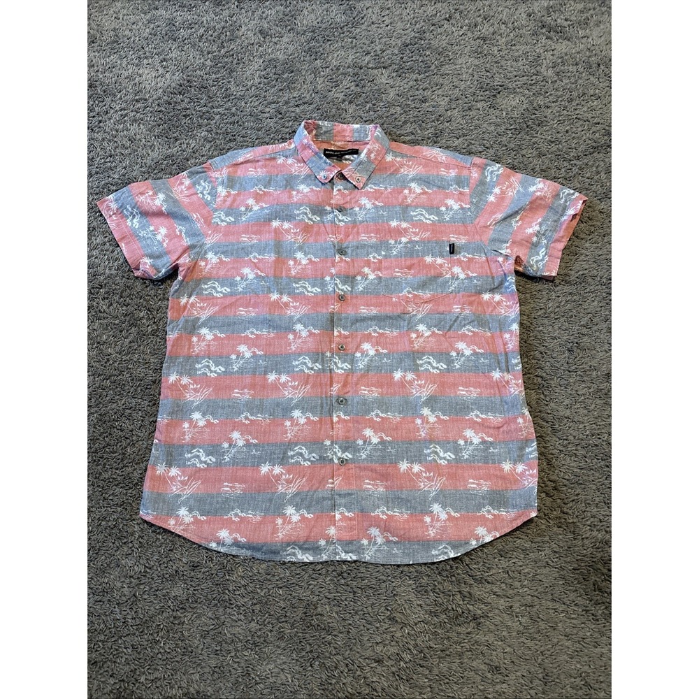 Molokai Surf Co Shirt Xl Gray Pink Striped Palm Trees Button‎ Up Short Sleeve